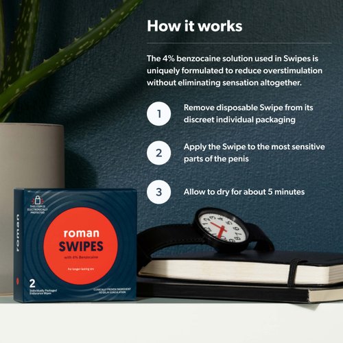Roman Swipes | Fast-Acting, Convenient, Over-The-Counter Wipes Increase Stamina, Formulated with 4% Benzocaine, Features Discreet Packaging | 5-Pack