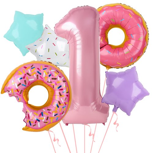 Dripykiaa 6 Pcs Donut Balloon Bouquet 40” Pink One Year Old Balloon Set for First Birthday Donuts Foil Helium Balloons Sweet One Donut Birthday Party Decorations Party Supplies Backdrops for Girls