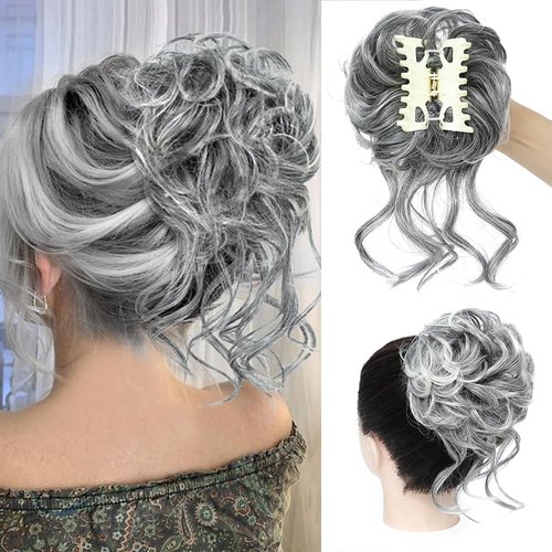 MSMUSAS Messy Bun Hair Piece Claw Clip Hair Buns Hair Piece Tousled Updo Messy Bun Scrunchie Long Beard Curly Wavy Hair Bun Extension for Women(Salt and Pepper)