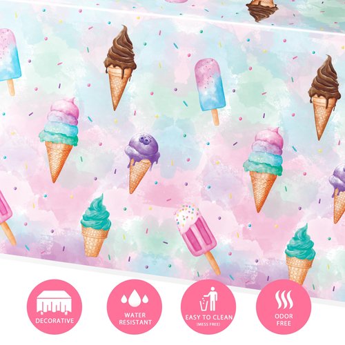 WERNNSAI Ice Cream Party Tablecloth - 2 PCS Ice Cream Party Decorations for Kids Party Supplies Plastic Waterproof Tablecloth Disposable Table Cover for Girls Kids Sweet Birthday Party 54’’ X 108’’