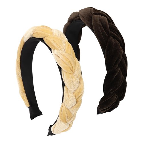 YISSION 2PCS Velvet Braided Headbands for Women Girls Non Slip Head Band Fashion Head Bands Padded Headband for Women Khaki Coffee Headband Hair Accessories for Women