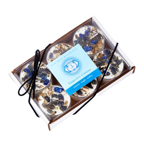 Third Eye Chakra Candle by New Moon Beginnings - Chakra Candles - Dried Flower, Herb, & Crystal Candles - Aromatherapy Candles - Soy Candle - Set of 6 Tealights