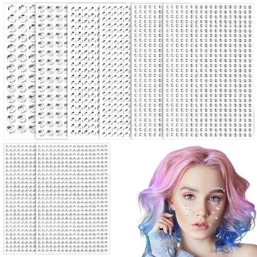 3108Pcs 8Sheets Face Gems Hair Gems Rhinestone Stickers, Self Adhesive Rhinestones Self-Adhesive Face Jewels 3/4/5/6/8/10 Mm DIY Face Gems Stick on Hair Diamonds, Bling Jewel Stickers Face Eye Makeup