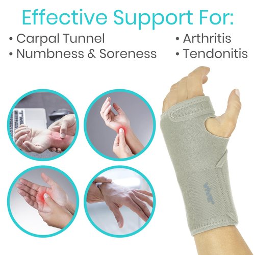 Vive Wrist Brace - Carpal Tunnel Hand Compression Support Wrap for Men, Women, Tendinitis, Bowling, Sports Injuries Pain Relief - Removable Splint - Universal Ergonomic Fit (Gray, Left)