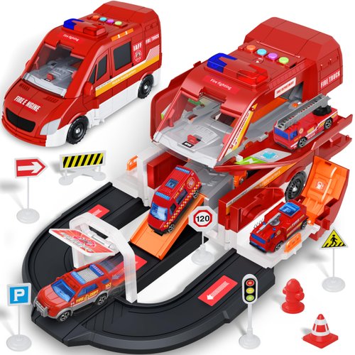 Fire Truck Toy Set for Kids,Emergency Vehicle Playset Toy,Parking Building Adventure Toys with 4 Small Alloy Fire Trucks,Ideas Birthday Toys for Kids 6 7 8 9 10 11 12+ Years Old
