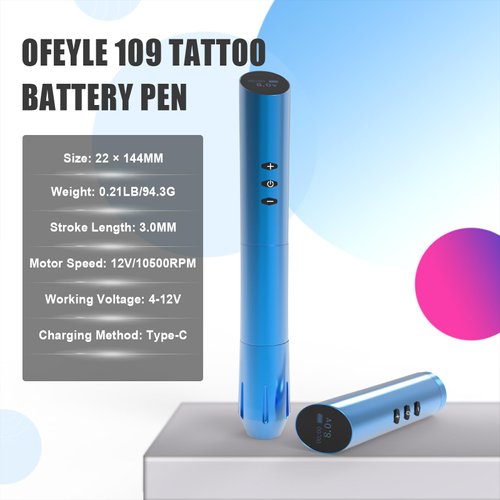 OFEYLE 109 Wireless Tattoo Pen Machine Rotary Tattoo Gun with 2PCS Replaceble Batteries Coreless Motor Digital Display Cartridge Battery Pen Permanent Makeup Tattoo Supply for Tattoo Artist (Blue)