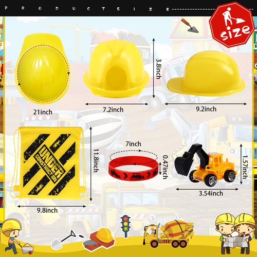 Sratte 55 Pieces Construction Vehicle Birthday Party Favors Supplies Set, Construction Theme Hats Goodie Bags Stickers Bracelets and Truck Toys Bulk for Kids Award Party Supplies