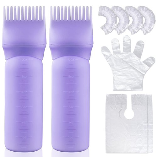 Wowang Hair Oil Applicator 2 Pack 6 Ounce Leak proof Root Comb Applicator Bottle 12-tooth Comb Hair Oiling Applicator for Hair Dye hair oil bottle Hair Root Comb Color with Graduated Scale(Purple)