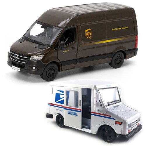 UPS Mercedes-Benz Sprinter + United States Postal Mail Truck Grumman LLV 5 Inch Die Cast Metal Model Toys SetOf2