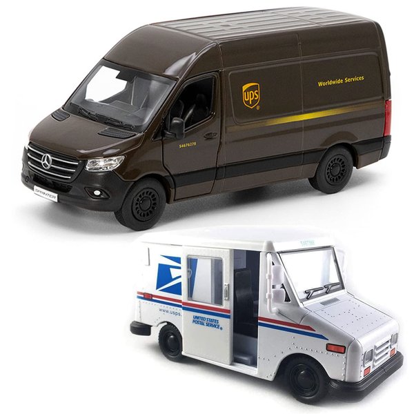 UPS Mercedes-Benz Sprinter + United States Postal Mail Truck Grumman LLV 5 Inch Die Cast Metal Model Toys SetOf2