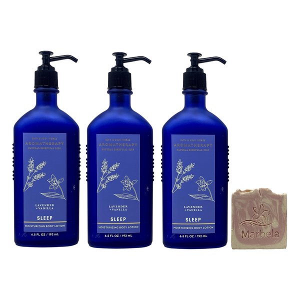 Bath & Body Works Aromatherapy Sleep Lavender Vanilla 3 Pack Moisturizing Body Lotion Gift Set with a Himalayan Salts Springs Sample Soap