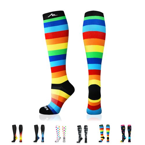 NEWZILL Medical Compression Socks for Women & Men Circulation 20-30 mmHg, Best for Running Athletic Hiking Travel Flight Nurses (Rainbow Stripes, S/M)