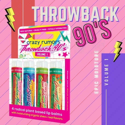 Crazy Rumors Throwback 90's Mix Lip Balm 4-Pack Mix (Cucumber Melon, Blue Razzberry, Kiwi Strawberry, Orange Pop!) 100% Natural, Vegan, Plant-Based, Made in USA