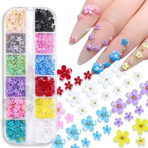 Flower Nail Charms 3D Flowers and Metal Caviar Beads Nail Art Decoration Five Petal Flower Pearl ...