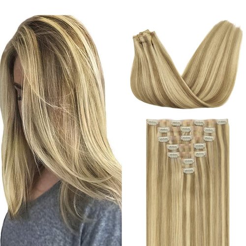 GOO GOO Clip in Hair Extensions Real Human Hair, 14inch 110g 7Pcs, 16/22 Light Blonde Highlighted Golden Blonde, Remy Human Hair Extensions Clip ins for Women, Natural Human Hair