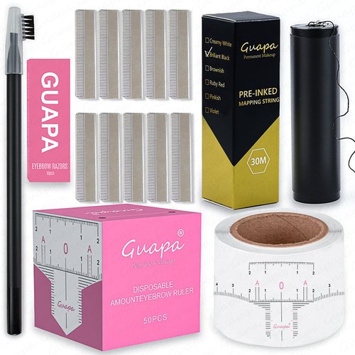 Eyebrow Mapping Set with Disposable Brow Ruler Sticker,Black Mapping Strings, Razor Blade,Pull Cord Peel-off Eyebrow Pencil for Microblading Tattoo Brows Lip Shading and Brow Measuring
