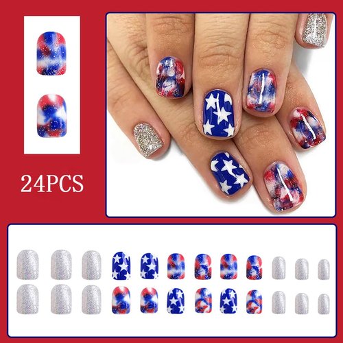 4th of July Press on Nails Short Square Fake Nails with Glitter Five-Pointed Star Design Glossy False Nails Independence Day Acrylic Nails Full Cover Glue on Nails for Women Manicure Art Accessories