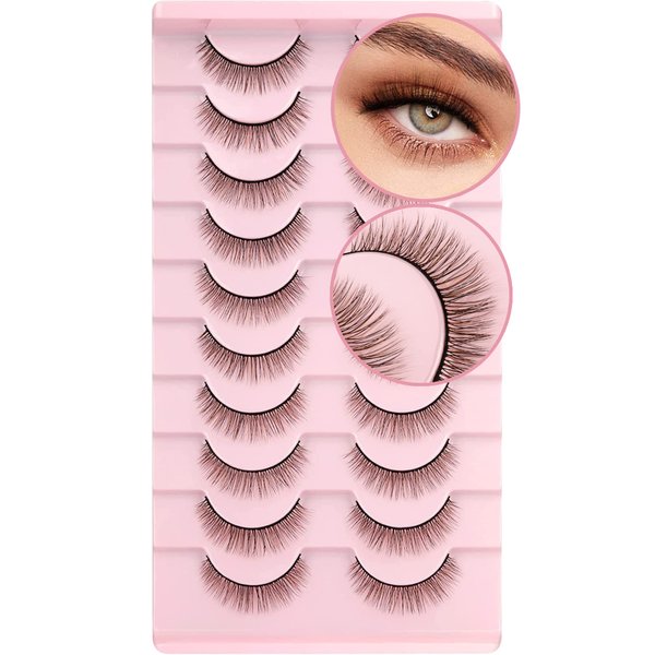False Eyelashes Natural Look Eye Lashes Short Wispy False Eyelashes 10mm 3D Fluffy Fake Lashes Pack 10 Pairs Strip Volume by Geeneiya - Brown Mixed Black