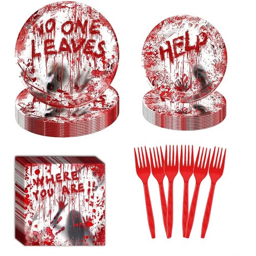 Bloody Good Time Party Tableware Set Halloween Zombie Skull Bloody Party Table Decorations Halloween Party Supplies Table Decorations Paper Plates Napkins Forks for 24 Guests(96 Pcs )