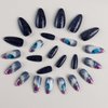 MISUD Press on Nails Medium Almond Fake Nails Glossy Glue on Nails Dark Blue Ombre Acrylic Nails Stiletto Marble Artificial Nails Bling Glitter Stick on False Nails with Design 24 pcs