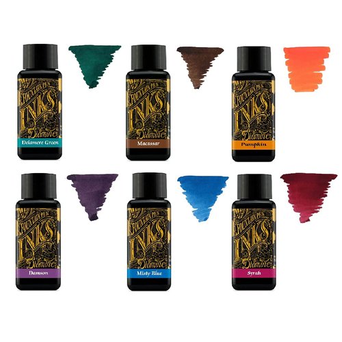 Diamine Fountain Pen Ink 30ml - Colour Wheel - 6 x Bottles, Delamere Green, Macassar, Pumpkin, Damson, Misty Blue, Syrah