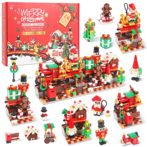 Advent Calendar 2024 Christmas Building Blocks, 24 Days Countdown Calendar Toy for Kids, 4 in 1 Christmas Train and Street Building Set as Xmas Gifts for Boys Girls Age 6+