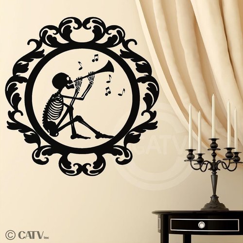Halloween Vinyl Decal Frame #16 Skeleton Playing Music Portrait Vinyl Lettering Decal Home Decor Wall Art Sticker (Medium 16x16.5)