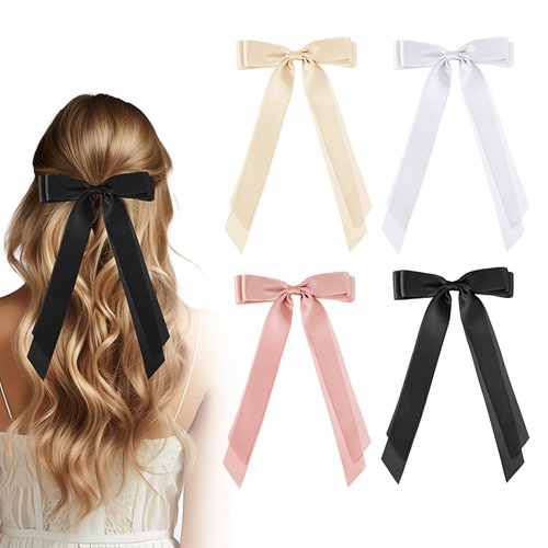 Ouligay 4pcs Silky Satin Hair Bows for Women, Bow Hair Clips, Hair Ribbon Bow Ponytail Holder, Slide Metal Clips Hair Bow with Long Tail, Hair Bow Barrettes Clips for Women Girls Toddlers Teens Kids