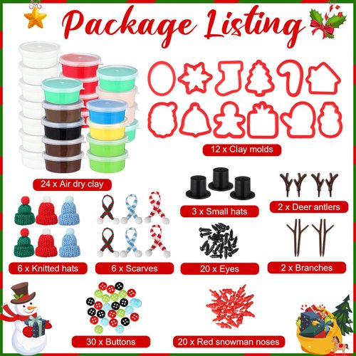 Blosssound 24 Pack Christmas DIY Craft Kit 125 Pcs Build a Snowman, Gingerbread Man, Santa & Christmas Tree Air Dry Clay Kit Christmas Gifts Stocking Stuffers for Winter Holiday Party Favors Supplies