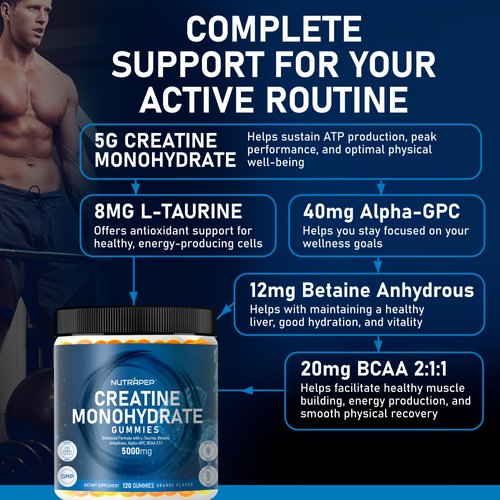 NutraPep Creatine Monohydrate Gummies 5g for Men Women - with L-Taurine Betaine Anhydrous Alpha-GPC BCAA 2:1:1 - Sugar-Free Gluten Free Chewable Creatine Supplement Bites