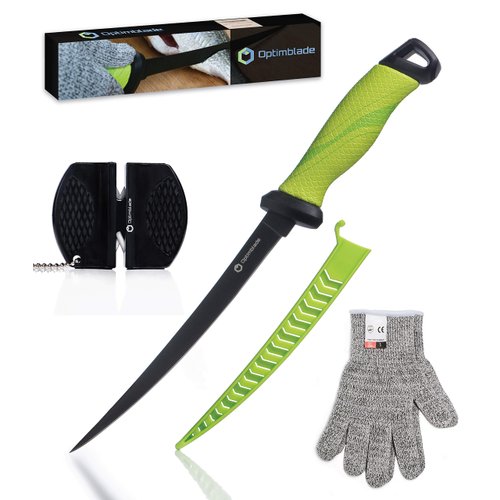 Optimblade Fillet knife set with sharpener and cut resistant gloves, Bait knife with sheath, Boning knife