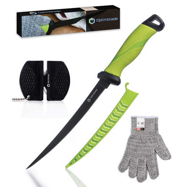 Optimblade Fillet knife set with sharpener and cut resistant gloves, Bait knife with sheath, Boning knife