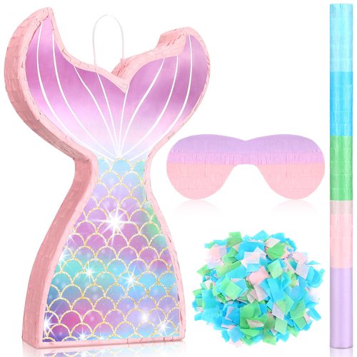 Small Pinata Bundle with Stick Blindfold, Bat, Confetti Plain Pinata Party Decorations Favors for Kids Girls Sports Themed Party Supplies, 11.8''x11.8''x2.76''（Mermaid）