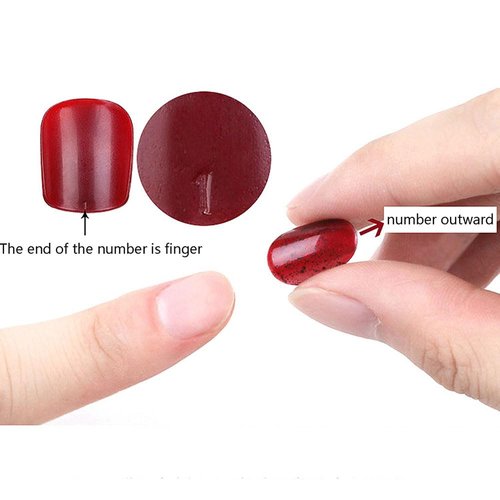 Press on Nails Short Square False Nails Glossy Burgundy Fake Nails with Glitter Design Full Cover Nails for Women and Girls with Glue (red)