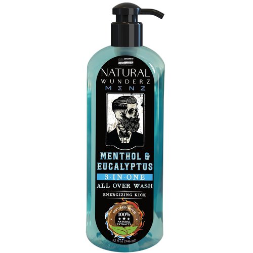 Mens Body Wash with Menthol & Eucalyptus, 32 Fl Oz, All Natural 3-In-1 Body Scrub and Liquid Soap for Gentle Cleansing, Vegan Friendly, Sulfate Free, and Cruelty Free