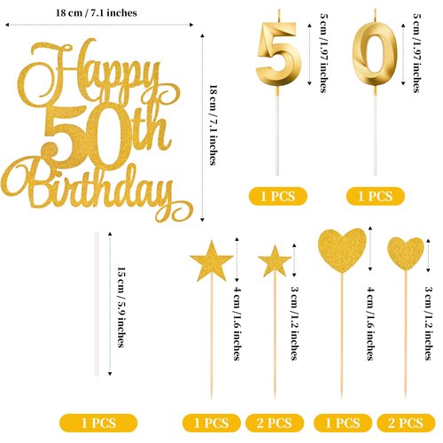 Lecferrarc 50th Birthday Cake Decorations, 50th Birthday Candles Cake Numeral Candles and Glitter Happy 50th Birthday Cake Toppers Set for Birthday Party Supplies (Gold)