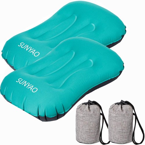SUNYAO 2 Pack Set Ultralight Inflatable Camping Pillows with Compact Pouch Sack Ergonomic Pillow for Neck & Lumbar Support While Camping, Backpacking，Hiking