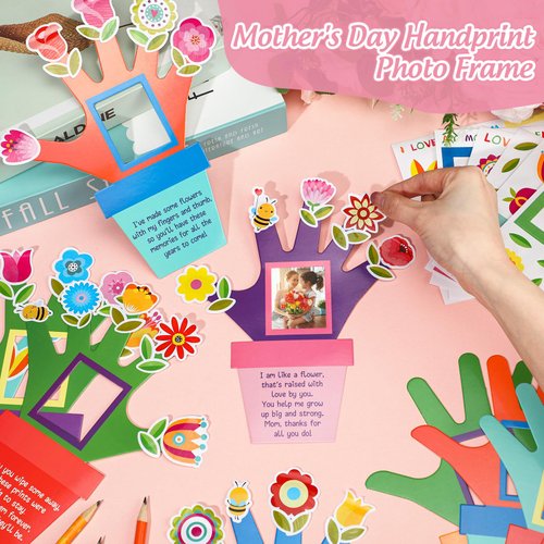 Beeveer 96 Pcs Mother's Day Hand Picture Frame Crafts DIY Handprint Flower Pot Hand Keepsake Picture Frame Craft Gifts with Flower Stickers for Spring Party Home Activities
