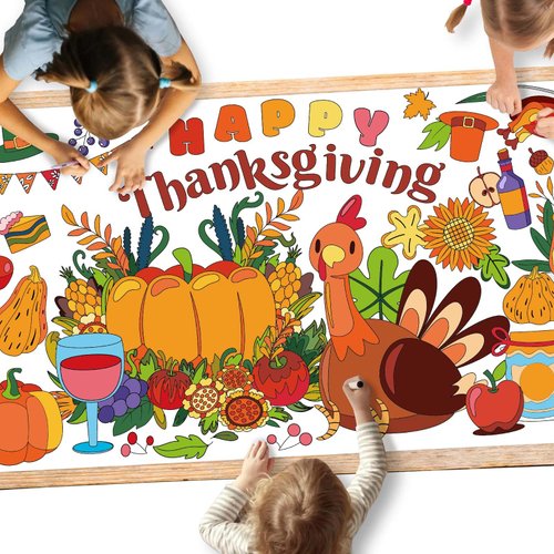 Giant Thanksgiving Coloring Poster for Kids - 30 x 72 Inches Jumbo Happy Thanksgiving Crafts Paper Painting Tablecloth for Kids Fall Thanksgiving Activities Games Gifts Party Decorations