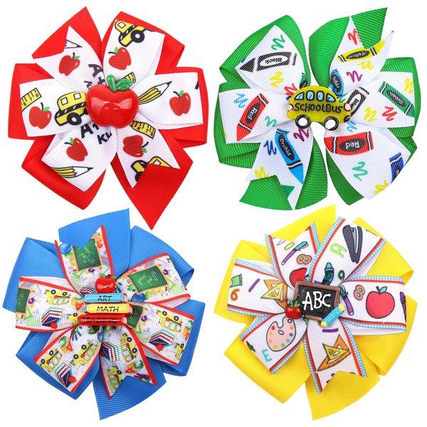 Whaline Back to School Hair Accessories: Colorful Apple Book Blackboard School Bus Grosgrain Hair Clips and Barrettes for Kindergarten First Day