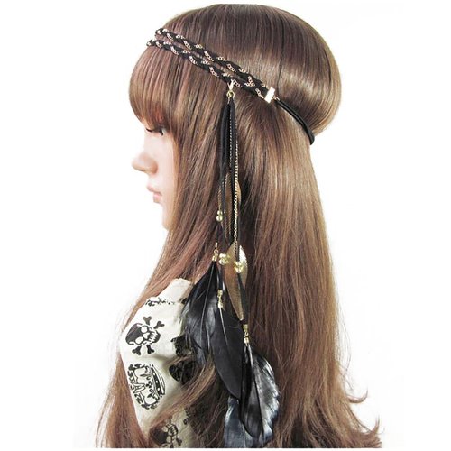 Women Lady Bohemian Double Braided Headband Tassels Hairband Headwear Hippie Feather Headband Hair Hoop Handmade Indian Fascinator Headband Headdress Hair Bands Hair Accessories (Black)