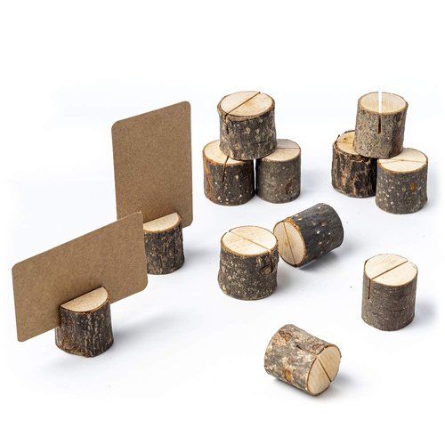 Jofefe 12Pcs Mini Rustic Wood Place Card Holders and 24Pcs Kraft Table Place Cards, Rustic Mini Table Number Holders, Table Sign Stand, Name Card Photo Picture Holders for Wedding, Party, Birthday.