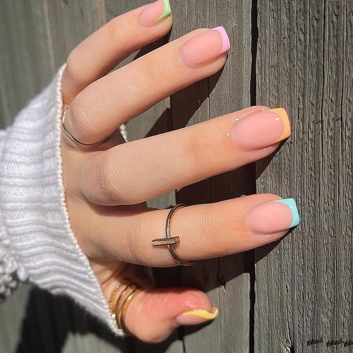 Short Press on Nails Square Fake Nails Rainbow Color French Tips False Nails with Designs Glossy Full Cover Glue on Nails Summer Acrylic Stick on Artificial Nails for Women and Girls 24PCS