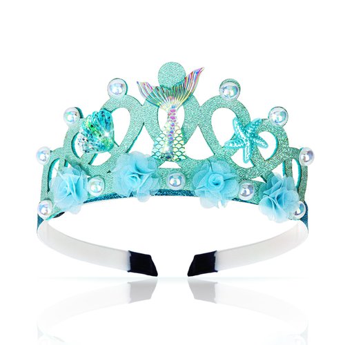 CURASA Mermaid Headband for Girls Blue Mermaid Crown Princess Tiara for Little Girls Seashell Crown Headbands Pearl Crown for Girls Mermiad Birthday Party Decoration Mermaid Hair Accessories
