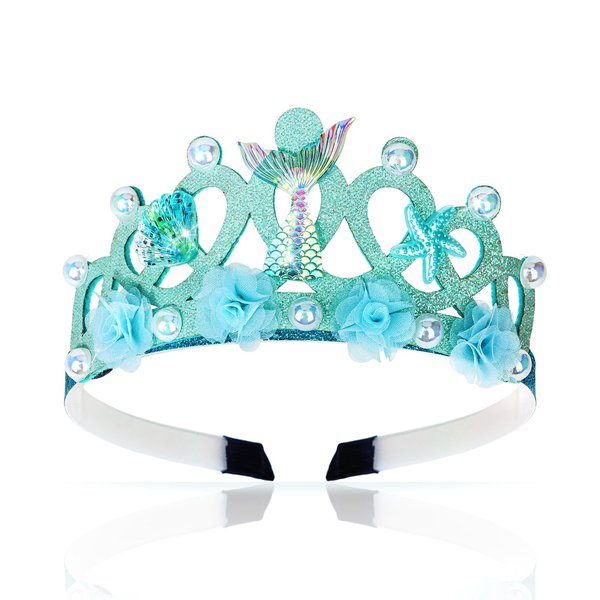 CURASA Mermaid Headband for Girls Blue Mermaid Crown Princess Tiara for Little Girls Seashell Crown Headbands Pearl Crown for Girls Mermiad Birthday Party Decoration Mermaid Hair Accessories