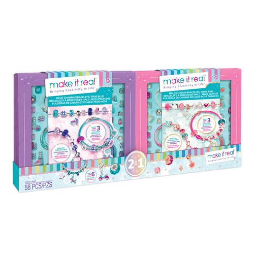 Make It Real: Halo Charms 2-In-1 - True Blue & Think Pink - Create 6 Metallic Bracelets, 56 Pieces, All-In-One, DIY Unique Charm & Bead Jewelry Kit, Tweens & Girls, Arts & Crafts, Kids Ages 8+