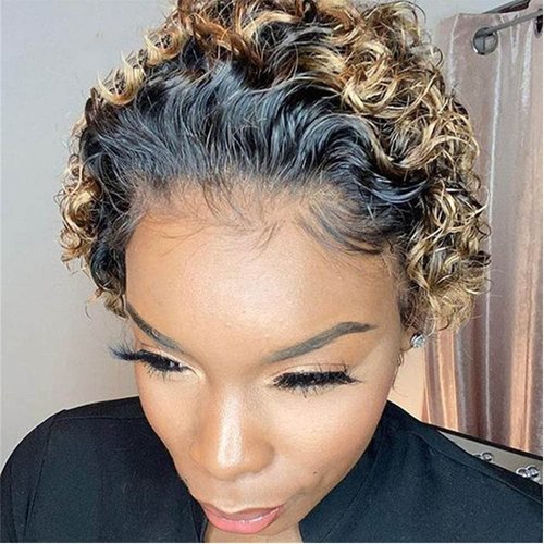 Ali Bling Blonde Pixie Cut Wig 13X1 Pixie Cut Lace Front Wigs Human Hair T30 Short Curly Human Hair Wigs for Black Women Pre Plucked Glueless Wigs Human Hair Ombre Brown Highlight Wigs Human Hair