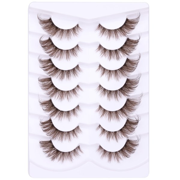 Brown Eyelashes Fairy Lashes Cat Eye Wispy False Eyelashes Strip Lashes Mink Fluffy Strip Lashes Brown Fox Eye Long Volume Fake Eyelashes 7 Pairs ALICROWN