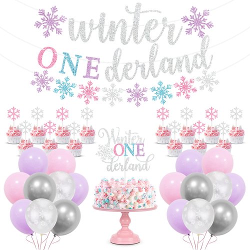 Winter Onederland 1st Birthday Decorations Girl, Winter Onederland Banner, Cake Topper, Snowflake...