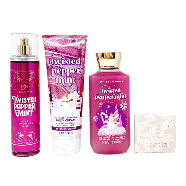 Bath & Body Works Twisted Peppermint - Trio Gift Set - Fine Fragrance Mist, Body Cream and Shower Gel With a Himalayan Salts Springs Sample Soap.